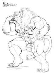 1boy 2016 5_fingers 5_toes abs anthro biceps big_muscles big_nipples bulge claws clothed clothing feline flexing front_view full-length_portrait grin lion looking_at_viewer male male_only mammal mane mankini monochrome muscular muscular_male nipples pecs penis portrait pose raivenderouthelion_(artist) signature simple_background sketch solo tail_tuft teeth toe_claws toes tuft