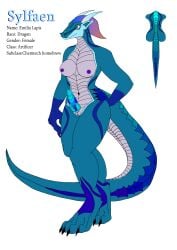 absurd_res anthro blue_body breasts colored_nipples dragon emilia_lapis futanari genitals gynomorph herm hi_res intersex knot knotted_penis markings mythological_creature mythological_scalie mythology penis ribbed_penis scalie solo sylfaen-the-jester