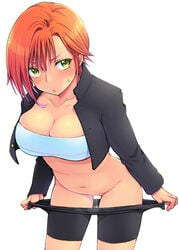 after_sex bent_over bike_shorts bike_shorts_pull blush breasts cleavage eroe female gakuran green_eyes igarashi_kyou_(eroe) large_breasts midriff orange_hair original rule_63 sarashi school_uniform short_hair solo white_background