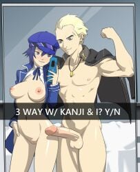 1boy 1girls atlus blonde_hair blue_hair female flexing grin maho_malice male mimi_doomi myahogao nude persona persona_4 selfie shirogane_naoto short_hair tatsumi_kanji text