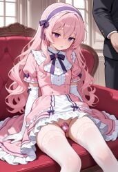 ai_generated ai_background femboy male pink_hair purple_eyes pink_dress cute chastity_cage hypnotized stockings headband no_penetration frilled_dress noble long_hair feminization