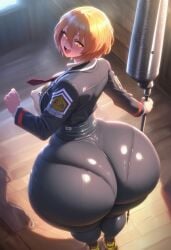 1girls ai_generated ass badge big_ass black_jacket blonde_hair blush breasts brown_shoes button_badge don_quixote_(limbus_company) holding holding_weapon huge_breasts jacket lance limbus_company long_sleeves looking_at_viewer nipples nipples_visible_through_clothing pants project_moon shirt shoes thighs white_shirt yellow_eyes