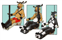 2014 anthro antlers blackshirtboy blue_eyes blush bondage bound brown_fur bulge cervine clothed clothing deer flir fur harness horn hypnosis liquid_latex male mammal mind_control mostly_nude open_mouth red_underwear rubber sequence simple_background sitting solo spiral_eyes transformation underwear