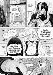 absurd_res ambiguous_penetration anthro anthro_penetrating anthro_penetrating_human big_breasts blush breasts caiman_(dorohedoro) cleavage clothed clothing comic dialogue dorohedoro eyebrows female female_penetrated fingerless_gloves fingers francis_xie gloves greyscale group hair handwear headgear headwear heart_symbol hi_res human human_on_anthro human_penetrated internal interspecies lizard long_hair male male/female male_penetrating male_penetrating_female mammal monochrome nikaidou_(dorohedoro) onomatopoeia oral penetration ponytail reptile scalie sex sharp_teeth sound_effects speech_bubble stealth_sex teeth text thought_bubble tongue tongue_out trio