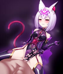 1boy 1girl animal_ears bar_censor bare_shoulders black_gloves black_leotard blush bob_cut boots breasts censored chest_jewel clothed_female_nude_male collar corruption covered_navel covered_nipples cowgirl_position dark_persona elbow_gloves entenca erection evil_smile femdom forehead_ui garter_straps gem girl_on_top gloves gradient_background grin half-closed_eyes hetero highleg highleg_leotard highres holding jewelry latex leotard living_clothes medium_breasts navel nude original parted_lips penis pubic_tattoo purple_background purple_gloves purple_hair raised_inner_eyebrows red_eyes restrained see-through_clothes shiny_clothes short_hair simple_background skin_tight slime_(substance) small_breasts smile solo_focus spread_legs straddling tail tamane_(entenca) tattoo thigh_boots thighhighs white_hair