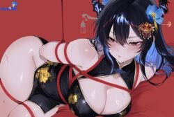 1girls absurd_res arms_tied_behind_back big_breasts black_and_blue_hair black_hair blushing bondage chinese_clothes cleavage cleavage_cutout female hair_ornament hololive hololive_english horns large_breasts legs_tied_together legs_together marymeow nerissa_ravencroft perfect_body red_eyes red_rope rope_bondage rope_harness shiny_skin solo thick_ass thick_thighs tied_arms tied_hands tied_up virtual_youtuber vtuber wide_hips