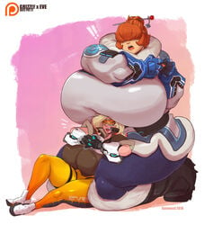 ! 2girls blonde_hair carmessi cosplay grizzly_(carmessi) huge_breasts mei_(overwatch)_(cosplay) orange_hair overwatch overwatch_2 size_difference tagme tracer_(cosplay)