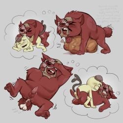 1:1 absurd_res animal_genitalia anthro bite bone dack_(mewgenics) darkafsun duo felid feline feral food gein_(mewgenics) genitals hi_res male male/male mammal masturbation meat mewgenics penetration sheath simple_background text