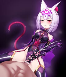 1boy 1girl animal_ears bar_censor bare_shoulders black_gloves black_leotard blush bob_cut bodysuit boots breasts censored chest_jewel clothed_female_nude_male collar commentary_request corruption covered_navel covered_nipples cowgirl_position cum dark_persona ejaculation elbow_gloves entenca erection evil_smile femdom forehead_ui garter_straps gem girl_on_top gloves gradient_background grin half-closed_eyes hetero highleg highleg_leotard highres holding jewelry latex leotard living_clothes medium_breasts navel non-pubic_inmon nude original parted_lips penis pubic_tattoo pubic_tattoo_visible_through_clothes purple_background purple_gloves purple_hair raised_inner_eyebrows red_eyes restrained see-through_clothes shiny_clothes short_hair simple_background skin_tight slime_(substance) small_breasts smile solo_focus spread_legs straddling tail tamane_(entenca) tattoo thigh_boots thighhighs white_hair
