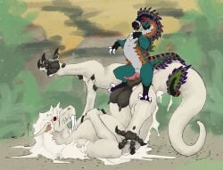 2026 absurd_res arm_feathers black_body black_claws black_feathers black_pawpads black_teats black_vulva blue_body blue_feathers claws curling_tail darkened_genitalia darkened_vulva dinosaur dragon dromaeosaurid duo equid equine eye_contact eyelashes fangs feather_hair feather_mane feather_pattern feathers feet_on_teats feet_on_thighs female feral feral_on_feral ferocious_ferals fur furred_dragon furred_scalie genitals green_body green_feathers grey_body grey_feathers hair hand_on_chest happy happy_sex hi_res holding_leg hybrid interspecies knot knotted_penis larger_female leg_markings long_mane looking_at_another looking_at_partner lying male male/female mammal mane markings messy_hair messy_mane morgra mouth_closed mythological_creature mythological_scalie mythology nature_background on_back orange_body orange_feathers orange_stripes pawpads penis penis_on_vulva pointy_ears prehistoric prehistoric_species presenting_pawpads pseudo_hair pseudo_mane puffy_vulva pupils purple_body purple_feathers red_eyes reptile sabertooth_(anatomy) saurischian scalie sex signature sitting sitting_on_another size_difference slit_pupils smaller_male smile socks_(marking) spread_legs spreading striped_markings stripes submissive submissive_female tail tail_wrapping tails_touching tan_body tan_fur tapering_penis teats teeth theropod utahraptor vulva white_claws white_mane wingless_dragon zekyal