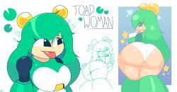 big_ass big_butt character_name cute_face fat_ass fat_butt freckles_on_ass frog_girl frog_tongue genderswap_(mtf) green_hair hearts_around_head mega_man mega_man_(classic) nocklepie panties peace_sign presenting_hindquarters robot robot_girl robot_master rule_63 simple_background thick_ass thick_thighs thighs toad_man tongue tongue_out white_panties