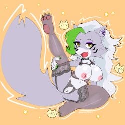 1:1 absurd_res anthro areola big_breasts big_tail black_nose breasts canid canine canis cheek_tuft clothing collar colored_nails crotchless_clothing crotchless_panties crotchless_underwear ear_piercing eyelashes eyeshadow facial_markings facial_tuft feet female five_nights_at_freddy's five_nights_at_freddy's:_security_breach front_view fur genitals green_highlights green_nails grey_body grey_clothing grey_fur grey_legwear grey_lingerie grey_panties grey_stockings grey_underwear hair head_markings hi_res highlights_(coloring) legwear lingerie long_hair looking_at_viewer makeup mammal markings mawstrife nails navel nipples open_mouth orange_background panties pawpads piercing pink_areola pink_nipples purple_eyeshadow raised_leg roxanne_wolf roxanne_wolf_(fnaf) scottgames simple_background snaggle_tooth solo steel_wool_studios stockings studded_collar studs tail thick_thighs tuft underwear vulva white_hair wide_hips wolf yellow_eyes