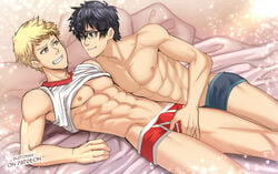 2boys abs akira_kurusu atlus bed black_hair blonde_hair bulge crotch feeling_bulge gay glasses joker_(persona) looking_at_partner lying male male_only megami_tensei multiple_boys muscular naughty_face persona persona_5 pillow ren_amamiya ryuji_sakamoto source_request suiton tagme underwear undressing yaoi