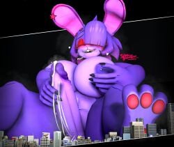 3d_(artwork) anthro big_breasts big_butt big_penis blush bodily_fluids bonfie_(cryptiacurves) bonnie_(fnaf) bottomwear breasts building building_destruction butt city city_background city_destruction cityscape clothing cum cum_covered destruction digital_media_(artwork) female five_nights_at_freddy's futanari genital_fluids genitals giantess heart_symbol hi_res huge_breasts huge_butt huge_penis intersex lagomorph leporid macro mammal masturbation messy moan musk musk_cloud pants paws penis precum rabbit scottgames sitting snoozehh solo source_filmmaker_(artwork) steam thick_thighs wide_hips