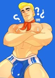 1boy abs areolae balls blonde_hair blue_eyes blush boxer_briefs boxers boxers_(clothing) crossed_arms danndrawg erection fred_jones human human_only light-skinned_male light_skin looking_at_viewer male male_nipples male_only mammal mature mature_male muscular muscular_male nipples pecs penis scooby-doo smiling standing topless underwear underwear_only