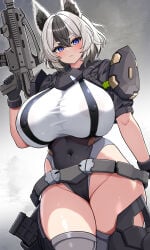 huge_breasts highleg thick_thighs wide_hips curvy 1girl animal_ears assault_rifle black_gloves black_hair black_leotard blue_eyes bodysuit breasts cameltoe commentary_request covered_erect_nipples covered_navel fox_ears garm_ripper gloves grey_hair grey_jacket grey_thighhighs gun highres holding holding_gun holding_weapon impossible_clothes impossible_leotard jacket latex latex_bodysuit leotard looking_at_viewer megami_device multicolored_hair multicolored_leotard rifle shiny_clothes shiny_skin short_hair skin_tight solo standing subten thighhighs thighs weapon white_leotard