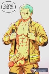 seasongentle one_piece larger_male looking_at_viewer text text_box english_text roronoa_zoro zoro zoro_(one_piece) bara barazoku bara_tits bara_tiddies 1boy male male_only male_focus manly masculine_male gay yaoi solo_focus solo solo_male muscular muscular_male muscles hairless hunk beefy tough_guy bigger_male broad_shoulders scars scar scar_on_face scar_across_eye scar_on_chest green_hair earrings japanese_male pirate penis big_penis long_penis big_dick_energy flaccid flaccid_bigger half-erect veiny_penis colarbone abs six_pack half-dressed no_underwear firefighter firefighter_uniform balls ballsack testicles hanging_balls hanging_penis dangling_testicles dangling_balls defined_jawline penis_down exibitionism open_shirt