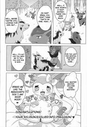 anthro black_and_white blush breasts comic doujinshi eeveelution english_text fangs female fur glaceon heart interspecies kemono kemoribbon male mightyena mind_break monochrome multi_breast nintendo nipples paws pokemon pokemon_(species) pregnant pussy ribbons small_breasts sylveon text umbreon video_games zoroark