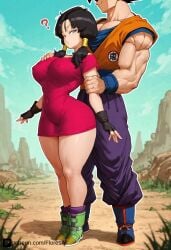 1boy 1girls ? ai_generated big_ass big_breasts dragon_ball erect_nipples erect_nipples_under_clothes female floresai goku huge_ass huge_breasts male muscular muscular_male narrow_waist patreon patreon_url patreon_username shortstack son_goku teasing thick_thighs videl wide_hips