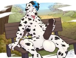 animal_genitalia animal_penis anthro balls bench big_balls big_penis black_hair black_spots blue_highlights bodily_fluids canid canine canis dalmatian dante_(gertgrg) domestic_dog equine_genitalia equine_penis erection fur genital_fluids genitals hair hand_on_penis hi_res highlights_(coloring) leaking_precum male mammal markings masturbation on_bench open_mouth outside park park_bench penis precum public_masturbation red_eyes sitting sitting_on_bench solo spots spotted_body spotted_fur tail tail_motion tailwag tongue tongue_out tozzmutt white_body white_fur