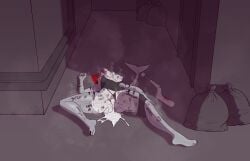 absurd_res alley alley_sex anthro aquatic blood bodily_fluids bodypaint champaanimation clothing corpse cum cum_in_pussy cum_inside cut_marks death female female_death fish forced genital_fluids hi_res left_alone lying markings on_back rape sex shark shark_tail snuff solo steam tongue tongue_out