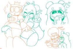 2girls blowjob bright_man cum cum_in_mouth cumming_in_mouth cute_face doodle fellatio frog_girl frog_tongue genderswap_(mtf) green_hair hearts_around_head hearts_in_eyes licking_face licking_pussy mega_man mega_man_(classic) mega_man_4 nocklepie panties robot robot_girl robot_master rule_63 simple_background sucking_penis thick_thighs thighs toad_man tongue tongue_out white_panties wide_hips