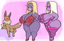 anthro big_breasts big_butt big_penis blonde_hair blush breasts butt clothing eevee eyeless female fishnet_clothing flat_colors footwear generation_1_pokemon genitals group hair hands_on_hips heart_symbol high_heels humanoid imminent_sex jynx larger_female lingerie lips looking_down looking_down_at_genitalia looking_down_at_penis makeup male nintendo nipple_piercing nipples penis piercing pokemon pokemon_(species) shiny_pokemon shoes size_difference slightly_chubby slimey_art smaller_male thick_lips translucent translucent_clothing trio wide_hips