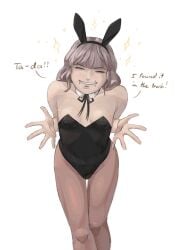 1girls bowtie breasts brown_hair bunny_ears bunny_girl bunnysuit cleavage closed_eyes color curly_hair dialogue english_text eyebrows_visible_through_hair fanic fear_and_hunger fear_and_hunger:_termina hair lighting lip_piercing marina_(fear_and_hunger) nipples_visible_through_clothing no_bra small_breasts smile sparkles standing stockings trans_woman transfem transgender transgender_woman