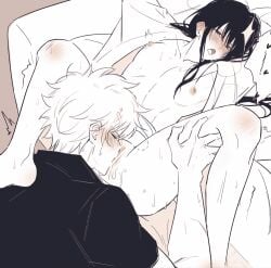 1boy 1cuntboy bar_censor blush cunnilingus cuntboy cuntboy/male diaoyemao erect_nipples gintama gintoki_sakata intersex katsura_kotarou kimono long-haired_cuntboy long_hair looking_pleasured male male_on_cuntboy monochrome mti_crossgender on_back open_kimono open_mouth oral pussy spread_legs