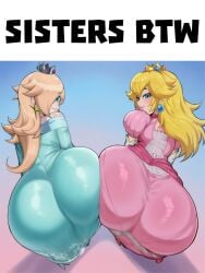 2girls ai_generated ass breasts female female_focus incest incest_(lore) large_ass large_breasts light-skinned_female looking_back mario_(series) nintendo princess_peach princess_rosalina rayasox sisters thick_thighs thighs wide_hips