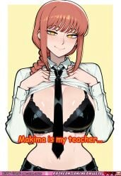 1girl ai_generated bangs big_breasts black_bra black_necktie blush bra braided_hair breasts breasts_outside chainsaw_man cleavage comic comic_strip comics embarrassed english_text female female_only femdom glossy_lips hair_between_eyes half-closed_eyes huge_breasts implied_sexual_interaction lace_bra large_breasts lift lipstick long_hair looking_at_viewer makeup makima_(chainsaw_man) mature_female meowllete necktie nipples_through_clothes nsfw open_shirt orange_hair partially_unbuttoned school_uniform seductive seductive_eyes seductive_smile shiny_skin shirt_lift side_braid smile solo sweat sweatdrop teacher teasing text tie underboob upper_body wet_skin white_shirt yellow_eyes