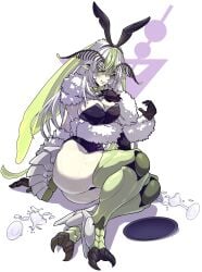 1girl abdomen_tail animal_ears antennae arthropod_girl ass black_leotard black_sclera breasts broken_glass bunny_ears bunnysuit closed_mouth colored_sclera colored_skin curvy egocider extra_arms fake_animal_ears four_arms glass green_eyes green_hair green_skin hair_between_eyes indie_virtual_youtuber insect_girl insect_humanoid insect_wings juniper_(egocider) juniper_actias large_breasts leotard long_hair looking_at_viewer monster_girl moth_antennae moth_girl moth_hair_ornament moth_humanoid playboy_bunny pout rabbit_ears sitting solo thick_thighs thighs tray virtual_youtuber white_background white_hair wings