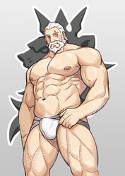 1boy abs bara beard blizzard_entertainment body_hair bulge chest_hair crotch facial_hair hairy hairy_arms hairy_chest hairy_legs hairy_male human human_only jockstrap koji_(wildlhz) male male_only muscle muscles muscular muscular_male nipples old_man older_male overwatch pecs pubic_hair reinhardt scar scar_across_eye scar_on_face silver_hair six_pack solo topless underwear underwear_only white_hair white_pubic_hair white_underwear yaoi