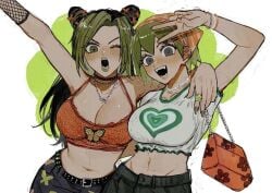 2girls bag big_breasts blush female female_only foo_fighters handbag jojo's_bizarre_adventure jolyne_kujo multiple_girls neg_50asu one_eye_closed peace_sign stone_ocean