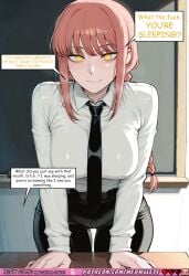 1girl ai_generated angry angry_eyes bangs big_breasts black_necktie black_pants blush braided_hair breasts chainsaw_man classroom cleavage comic comic_strip comics dialogue english_text female female_only glare glossy_lips hair_between_eyes hands_on_desk huge_breasts indoors large_breasts leaning_forward lipstick long_hair looking_at_viewer makeup makima_(chainsaw_man) mature_female meowllete multiple_views necktie nsfw orange_hair pink_hair school_desk school_uniform seductive_smile shiny_skin shirt side_braid solo speech_bubble sweat sweatdrop teacher text tie wet_skin white_shirt yellow_eyes