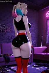 1girl ai_generated ass bare_shoulders big_ass blonde_hair blue_eyes breasts dc from_behind harley_quinn hi_res high_quality high_resolution indoors makeup multicolored_hair patreon pink_hair red_legwear seductive sexy shorts solo solo_focus spicytoonai standing thighhighs twintails uncensored watermark