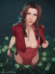 1girls 3d aerith_gainsborough alternate_body_type areolae big_areolae big_thighs blush braided_hair breasts brown_hair detailed_background eyeliner female female_only final_fantasy final_fantasy_vii final_fantasy_vii_remake green_eyes big_hips outdoors outdoor_nudity lipstick long_fingernails long_hair looking_at_viewer medium_breasts milapone nail_polish navel necklace nipples opening_jacket painted_nails red_nail_polish red_jacket sidelocks solo thighs_bigger_than_head very_long_hair full_body high-angle_view loincloth_dress flashing flashing_breasts jacket dress high_heels holding_object holding_weapon 2026 skimpy skimpy_dress flowers flower_bed