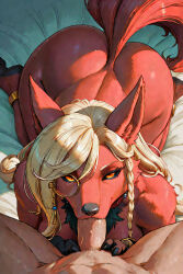 1boy 1girls ai_generated amaryllis_tye_(scorpianpp) anthro_female anthro_on_human black_sclera blonde blonde_hair female fox_girl generation_1_pokemon human_male human_on_anthro hybrid hybrid_pokemon male/female nine_tailed_fox ninetales original_character pokemon pokemon_(species) red_fur scorpianpp self_upload stable_diffusion straight_sex yellow_eyes yellow_hair
