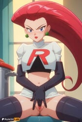 solo team_rocket hair_slicked_back earrings gloves pussy_juice jewelry elbow_gloves navel thighhighs blue_eyes long_hair skirt red_hair pussy crop_top team_rocket_uniform red_lips black_gloves spread_legs sitting blush white_skirt masturbation lipstick female_masturbation looking_at_viewer midriff breasts black_thighhighs makeup no_panties window uncensored jacket indoors very_long_hair jessie_(pokemon) rule34lab hi_res ai_generated nintendo pokemon pokemon_rgby 1girls female_human