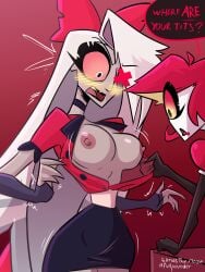 2girls angel breasts clothed clothing cyclops demon dialogue english_text female female/female female_only grey_body hazbin_hotel hellaverse niffty nipples open_mouth partially_clothed red_eyes red_hair simasthemoze vaggi_(hazbin_hotel) white_hair yuri