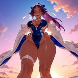 1girl clothing female swimsuit breasts one-piece_swimsuit purple_hair shihouin_yoruichi one_eye_closed dark-skinned_female solo wide_sleeves dark_skin blue_one-piece_swimsuit thighs looking_at_viewer bleach from_below highleg_swimsuit sky large_breasts thigh_strap long_hair ponytail smile open_mouth detached_sleeves highleg hands_on_own_hips yellow_eyes parted_bangs cleavage outdoors cloud sunset ocean blush wet skindentation thick_thighs bare_shoulders upper_teeth_only casual_one-piece_swimsuit beach teeth gradient_sky standing high_ponytail bow ribbon breath tan heavy_breathing ;d blue_sky shiny_skin sweat hair_bow water sidelocks white_ribbon blue_bow sun hair_ribbon japanese_clothes long_sleeves looking_down covered_navel dusk evening horizon wide_hips 1girls ai_generated voluptuous_female voluptuous curvaceous curvaceous_figure curvaceous_female curvy curvy_figure female_focus balecxi bleach:_the_thousand-year_blood_war inviting inviting_to_sex seductive seductive_look seductive_smile presenting presenting_hindquarters presenting_ass presenting_self presenting_breasts presenting_pussy mature_female