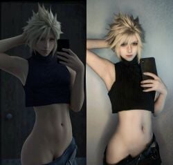 emberstock cloud_strife midriff femboy final_fantasy_vii final_fantasy_vii_remake blonde_hair 1boy male_only navel