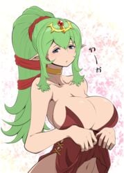 bad_censor bare_shoulders blue_eyes breasts censored cleavage covered_nipples covering female fire_emblem fire_emblem_awakening green_hair huge_breasts kara_age long_hair manakete nintendo no_nose pointy_ears ponytail solo tied_hair tiki_(adult)_(fire_emblem) tiki_(fire_emblem)