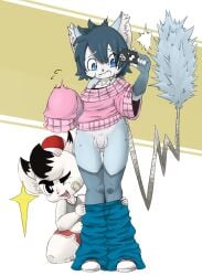 absurd_res anthro assisted_exposure balls band-aid bandage blue_body blue_eyes blue_fur bottomwear bottomwear_down bottomwear_pull clothed clothing clothing_pull duo felid feline foreskin frosh fur genitals hi_res long_foreskin long_tail male mammal mouse murid murine open_mouth pants pants_down pants_pull pantsing partially_clothed penis photo prank rodent selfie shocked surprised tail taking_picture taking_selfie tongue tongue_out vono white_body white_fur