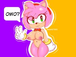 absurd_res accessory amy_rose anthro areola big_breasts black_nose blush blush_lines bow_tie bracelet breasts clothing eulipotyphlan eyelashes female front_view fur genitals gesture gloves gloves_only green_eyes hair hair_accessory hairband hand_gesture handwear handwear_only head_tuft hedgehog hi_res jewelry looking_at_viewer mammal mawstrife mostly_nude navel nipples nude orange_background pink_areola pink_body pink_fur pink_hair pink_nipples purple_background red_bow_tie sega short_hair simple_background smile solo sonic_(series) sonic_the_hedgehog_(series) speech_bubble tan_body tan_fur thick_thighs tuft v_sign vulva white_clothing white_gloves white_handwear wide_hips