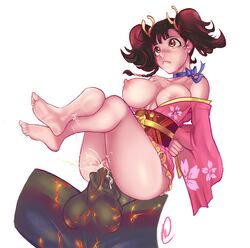 1boy 1girls artist_request artist_signature barefoot big_balls breasts breasts_out clothed_sex clothing crossed_legs cum cum_inside female hands_behind kimono koutetsujou_no_kabaneri male mumei_(kabaneri) sex twintails white_background yukata