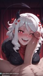 ai_generated dreamyan_ai highres breasts uncensored hi_res high_resolution high_quality thick_thighs thighs thick_ass 1girls curvy curvy_female curvy_body medium_hair big_breasts large_breasts short_hair demon demon_girl demon_horns demon_tail succubus modeus_(helltaker) helltaker red_eyes heart heart-shaped_pupils aroused aroused_female horny horny_female penis_on_face imminent_sex imminent_oral imminent_fellatio open_mouth drooling half-closed_eyes smile smiling pov male_pov