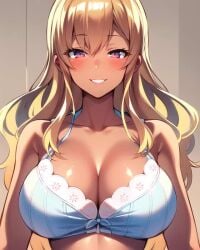 ai_generated baka_dakedo_chinchin_shaburu_no_dake_wa_jouzu_na_chii-chan blonde_hair bra close-up dark-skinned_female hentai high_resolution highres huge_breasts looking_at_viewer nai_diffusion pov purple_eyes seductive_smile shiina_chieri shiny_clothes shiny_hair shiny_skin skyrimgamer17 stable_diffusion upper_body