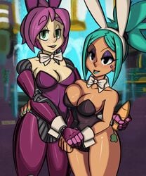 2girls bunny_girl carrot casino cerebella felicia_(combinecommando) looking_at_viewer purple_hair q7 que-seven skullgirls standing