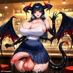 gradient_skin corruption corrupted black_body black_veins slime slime_girl slime_corruption slime_transformation slime_tail cleavage eldritch_humanoid dripping dripping_slime tentacle_tail slime_tentacle demon_girl demon_horns demon_tail demon_wings demon_futa two-tone_body two-tone_skin freckles red_eyes waving waving_at_viewer bar_(place) bar_counter bar_stool alcohol alcohol_bottles pleated_skirt tank_top black_hair pale_skin pale-skinned_futa veiny_penis leaking_precum leaking dangling_testicles ai_generated changedlater 1futa futanari futa_only humanoid long_eyelashes plump_lips mascara eyeliner eyeshadow lipstick blush nail_polish long_nails clawed_fingers thick_thighs thick_ass thick_legs plump_ass plump_thighs plump curvy thick curvy_figure curvaceous wide_hips narrow_waist large_breasts large_ass large_penis large_balls massive_breasts massive_ass massive_penis huge_breasts huge_ass huge_cock huge_balls hair_ornament accessory choker bracelet bracelets jewelry sweat sweatdrop sweaty steamy steaming_body steamy_breath musk musk_clouds straight_hair long_hair looking_at_viewer smiling_at_viewer